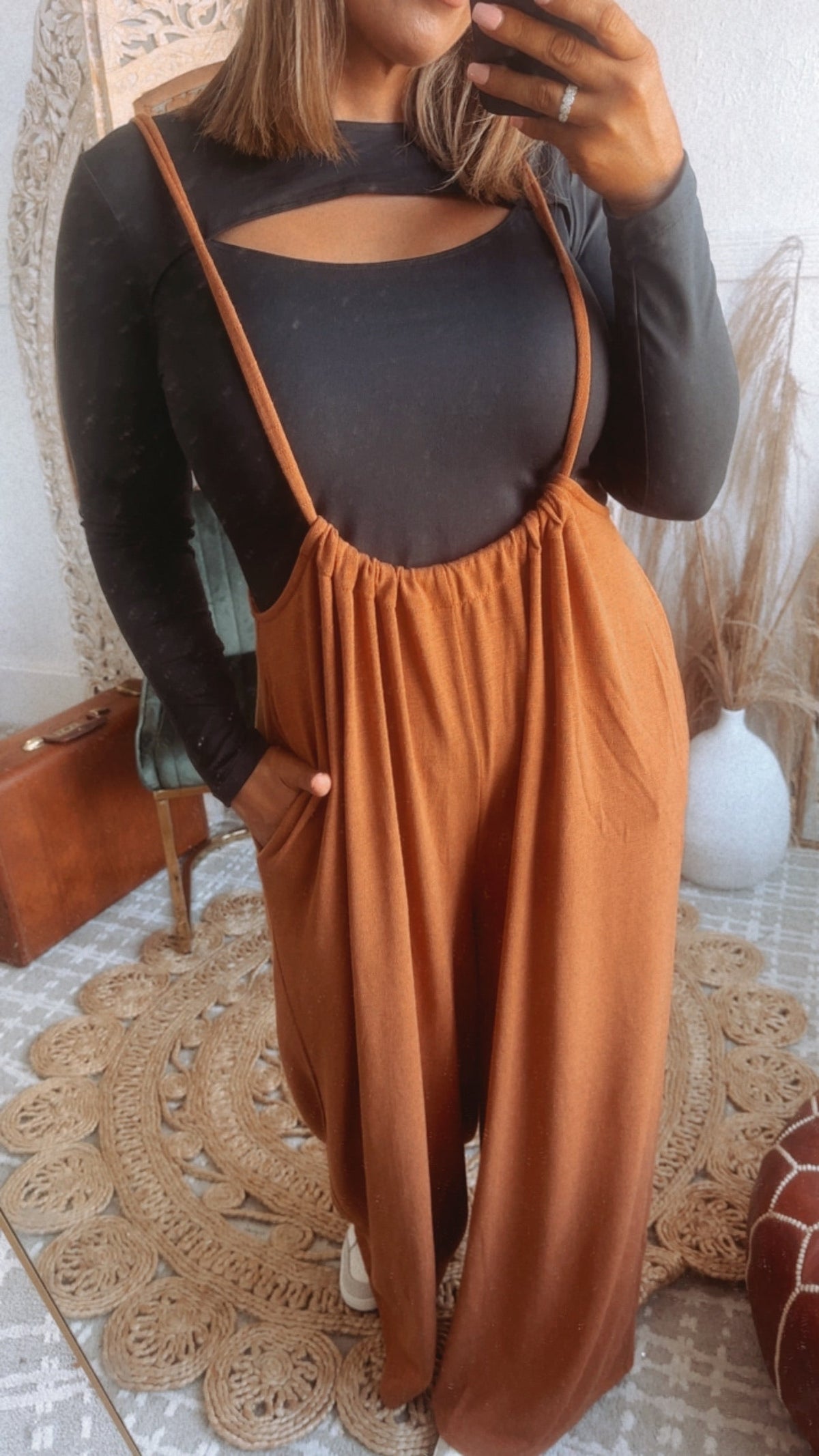 Head Over Heels Suspender Jumpsuit, Camel