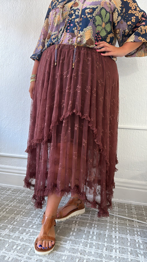 Delicate Dreams Embellished Lace Skirt, Chestnut