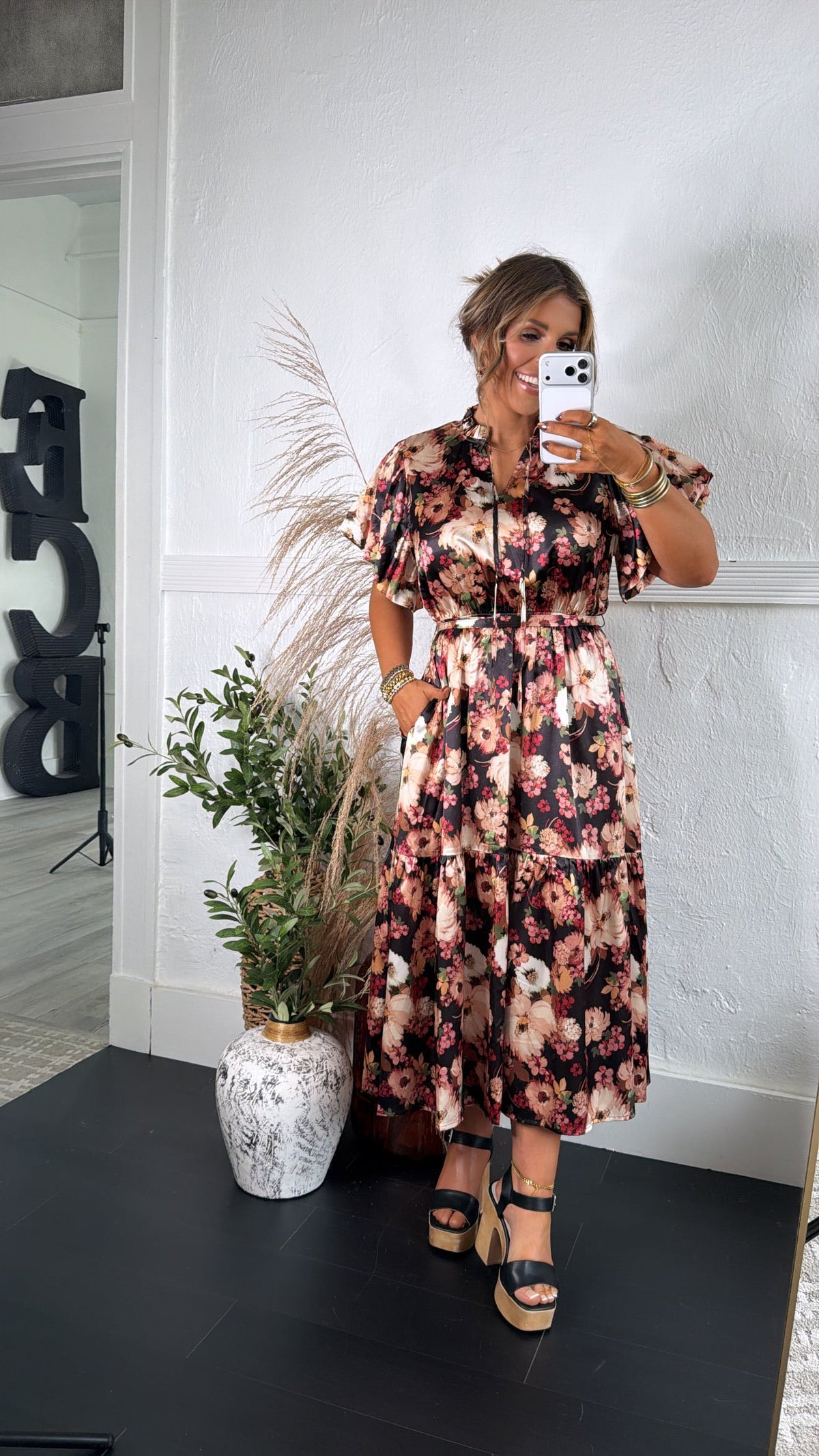 Dusky Petal Midi Dress, Black Multi