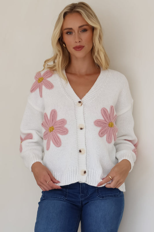 Daisy Belle Cardigan - Cropped Thick Knit Cardigan with Flower Decals in White