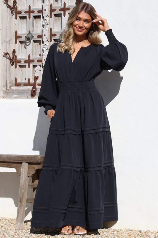 Dara Maxi Dress - Mandarin Collar Tiered Dress with Pockets in Navy
