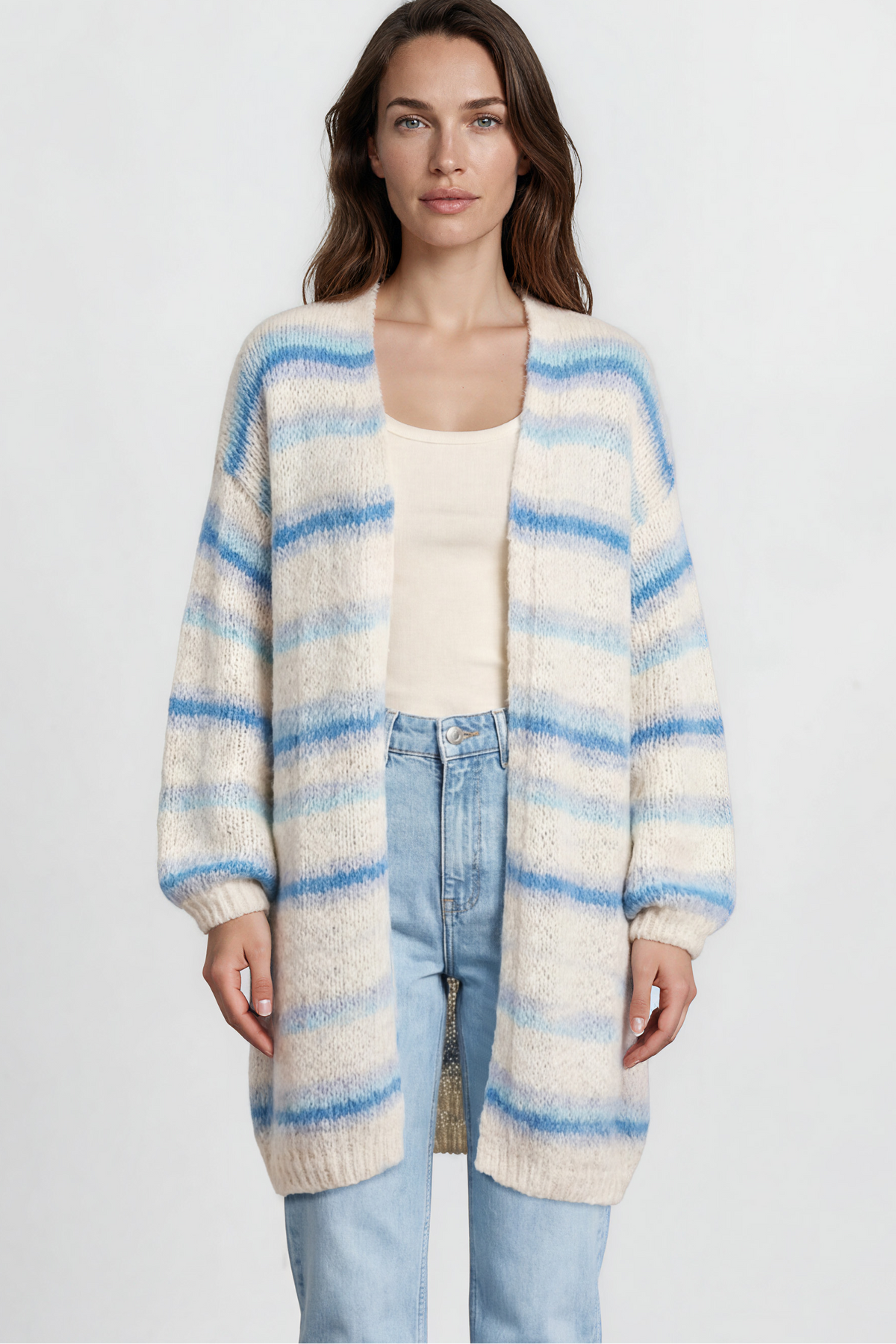 Delaney Cardigan - Open Front Stripe Knit with Pockets in Blue