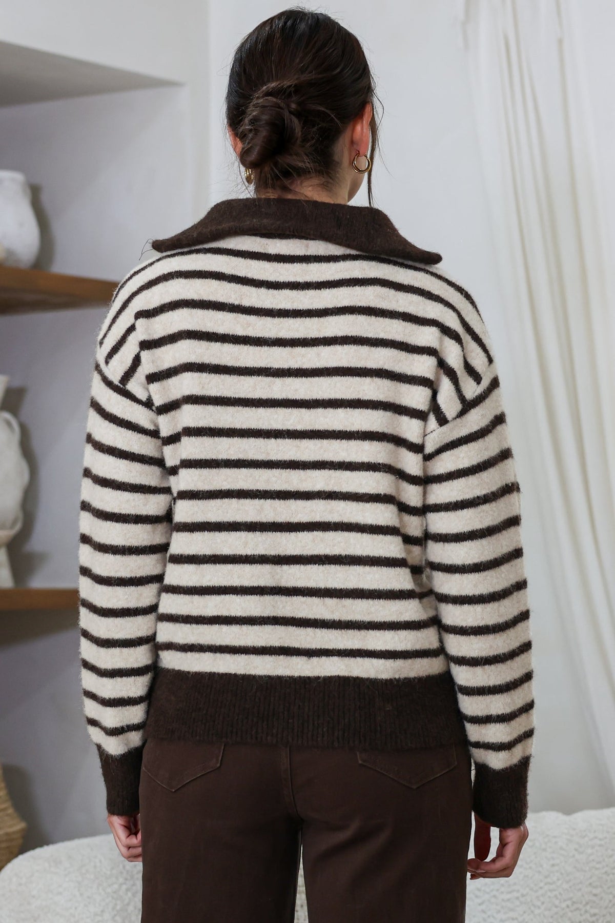 Dennis Jumper - Chunky Collar with Zipper Stripe Knit in Latte