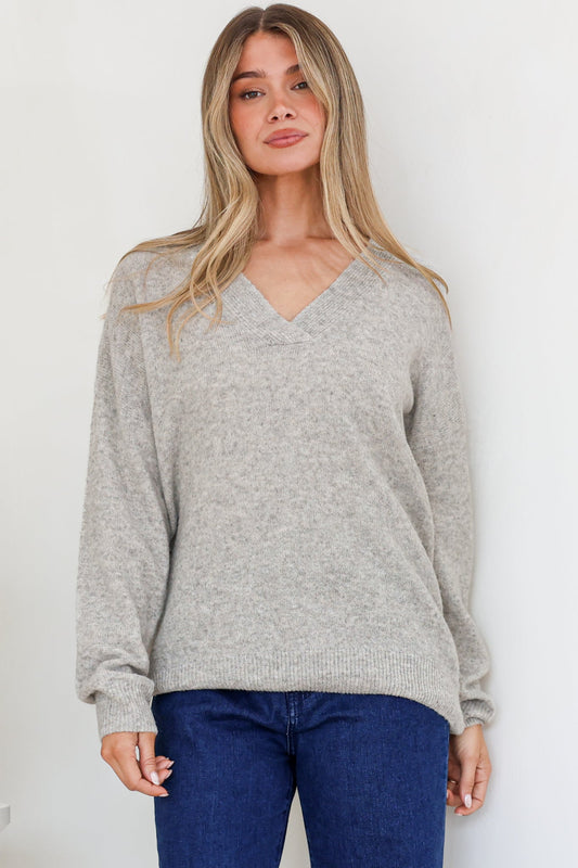Donoven Jumper - V Neck Lightweight Knit with Ribbed Hemlines in Grey