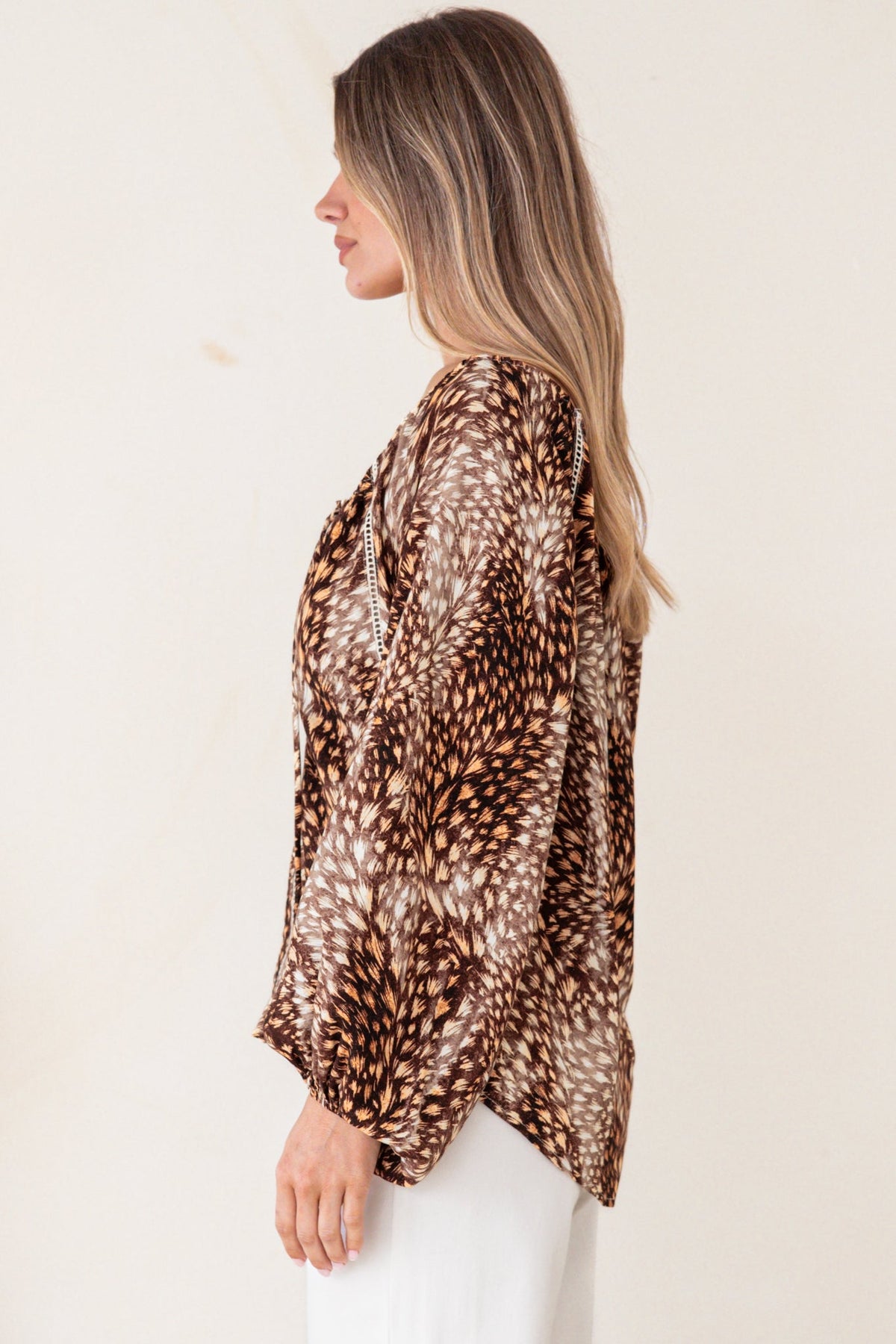 Dottie Blouse - On or Off Shoulder Button Down with Ladder Lace Trims in Talon Print