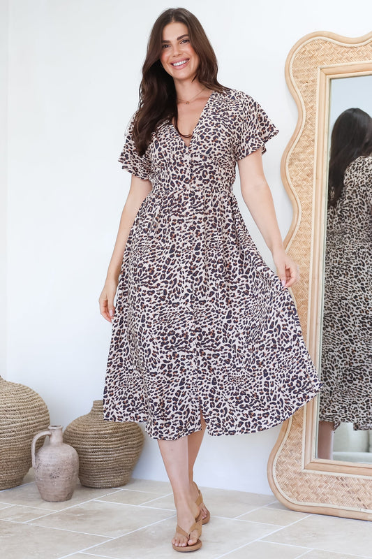Drielly Midi Dress - Flutter Cap Sleeve Button Down Dress in Perrie Print