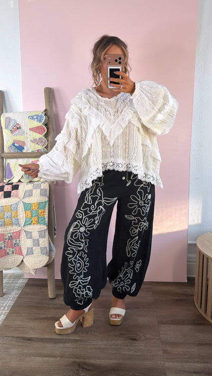 For The Love Of Floral Embroidered Denim Jogger, Black