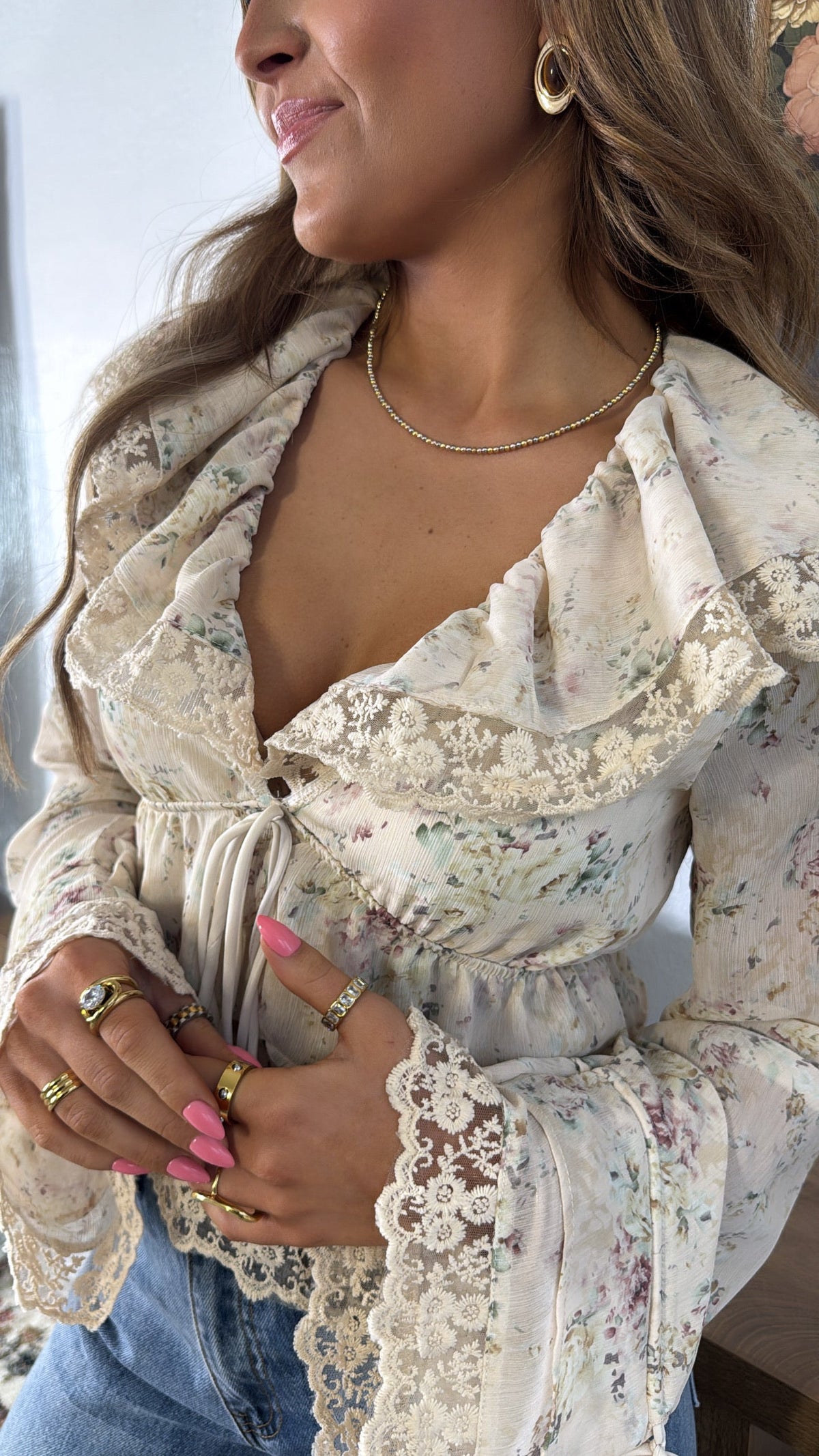 Dainty Pearl Floral Top, Sand