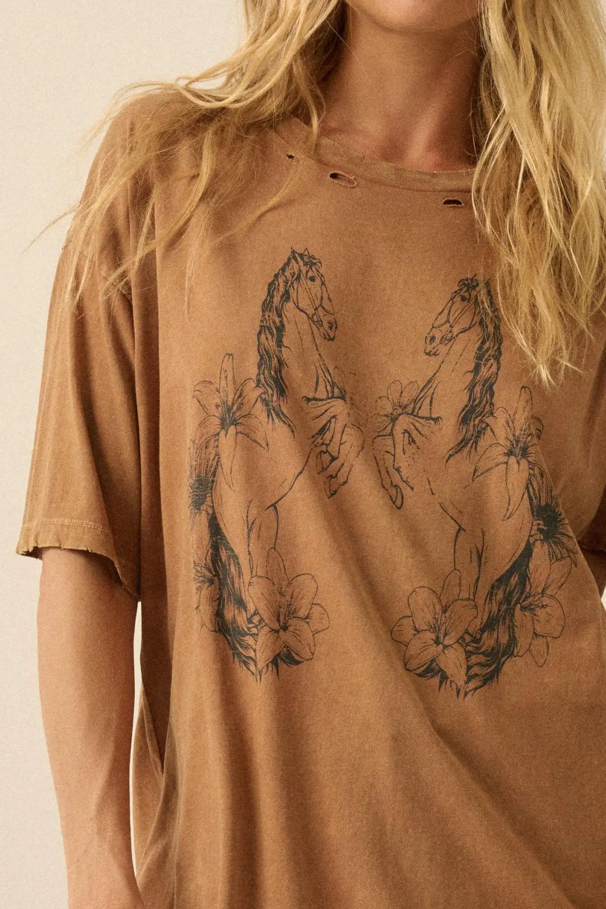 Floral Horses Distressed Oversize Graphic Tee
