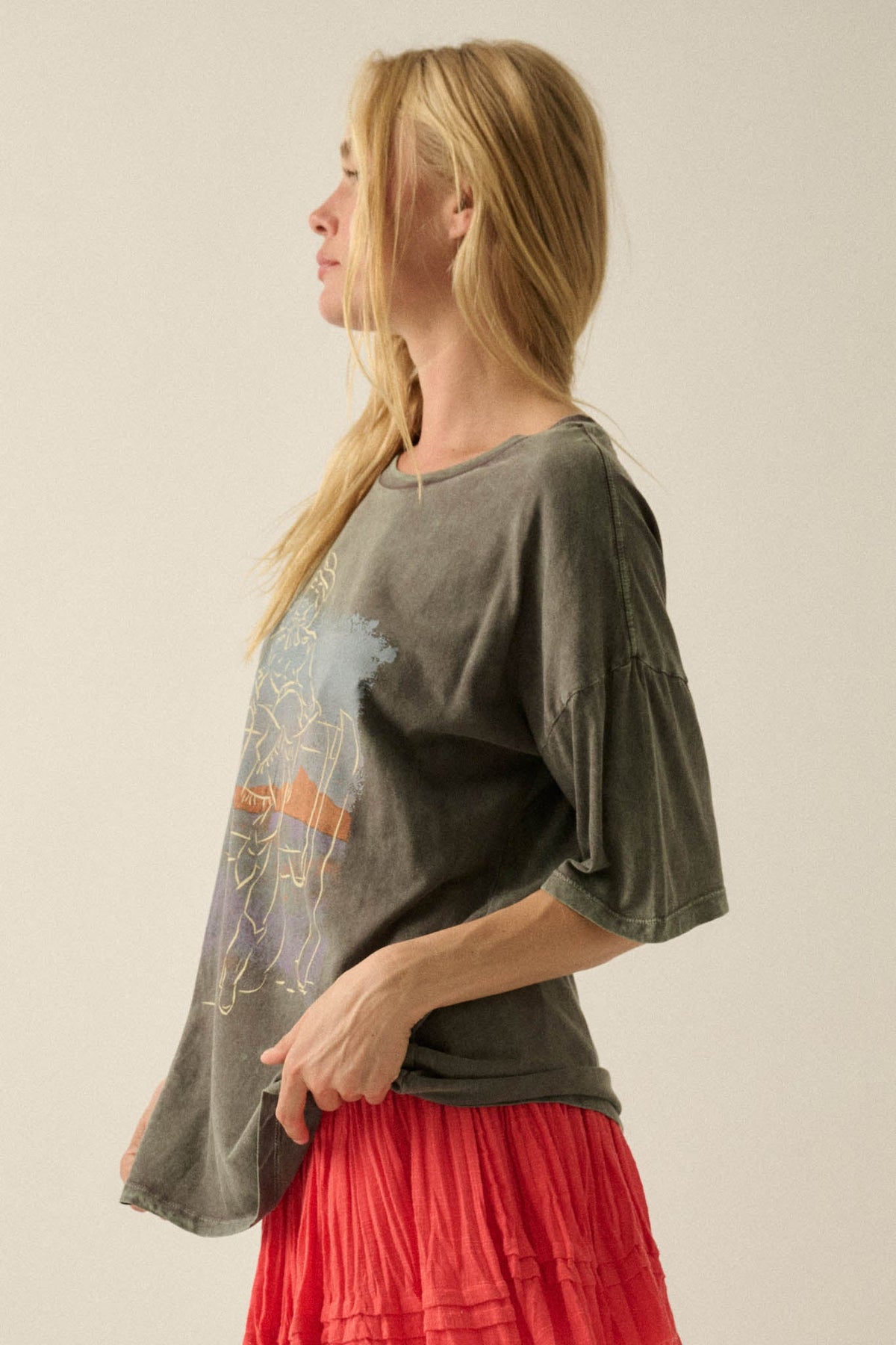 Cowgirl Pinup Vintage-Wash Oversize Graphic Tee