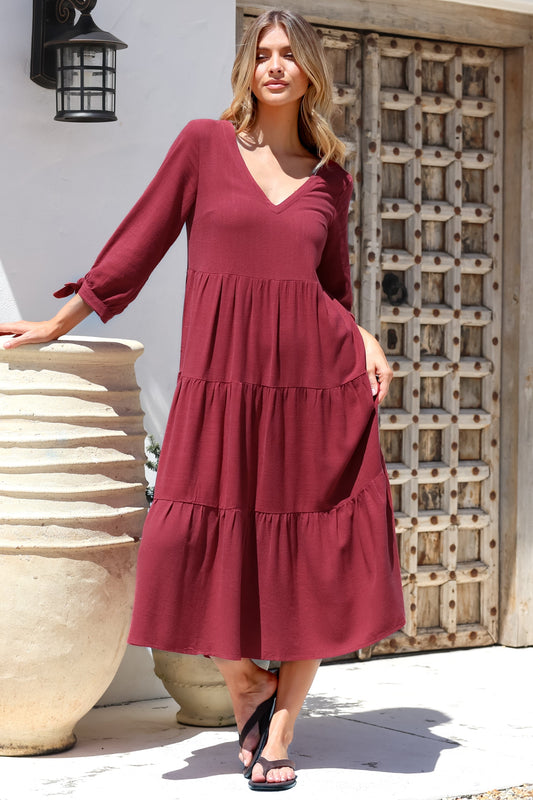Elisabette Midi Dress - V-Neck Tiered Linen Dress with 3/4 Tie Cuff Sleeves in Rust