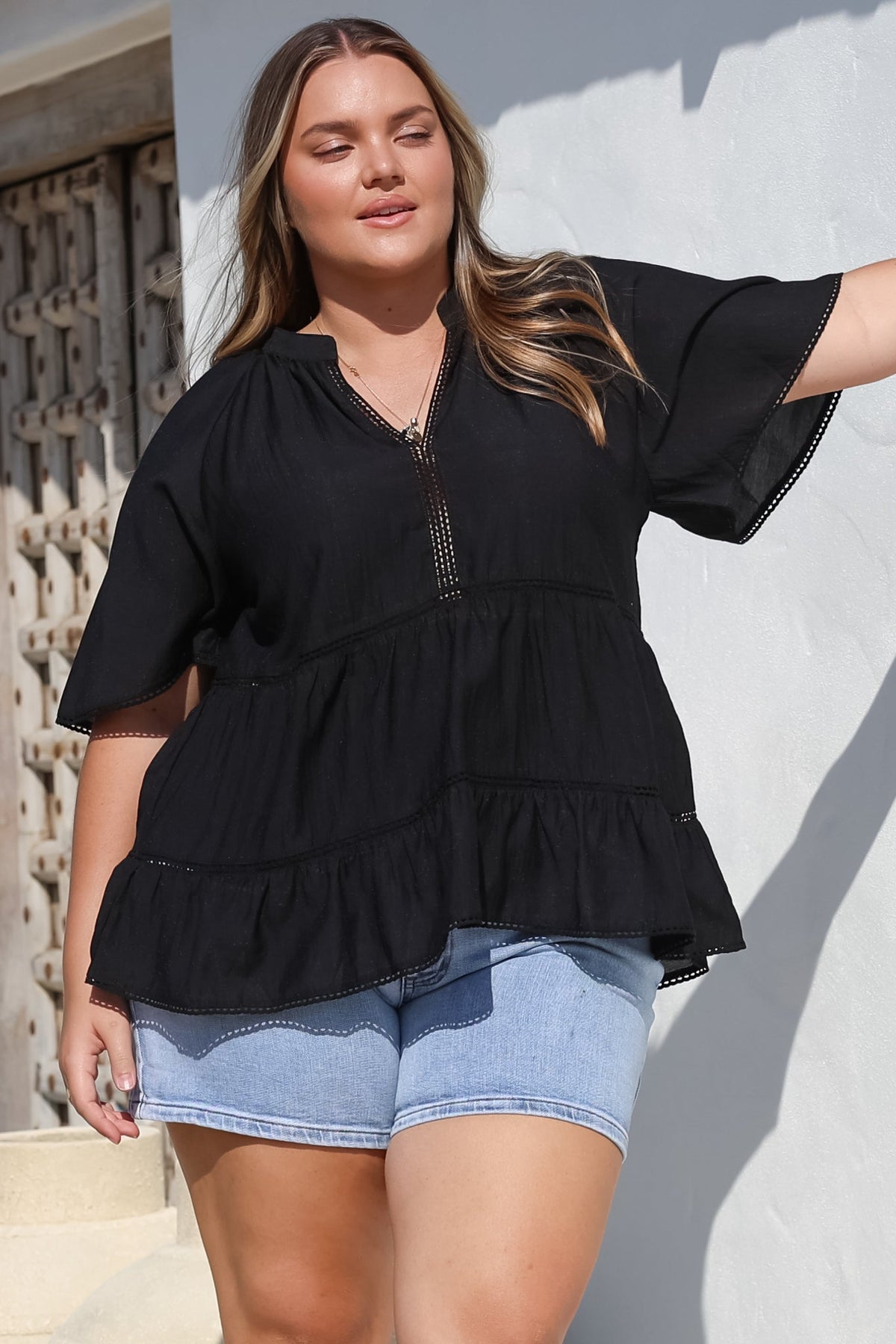 Ellery Top - Mandarin Collar Smock Top with Ladder Lace Insert Splicing in Black