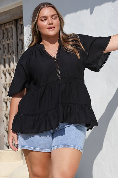 Ellery Top - Mandarin Collar Smock Top with Ladder Lace Insert Splicing in Black
