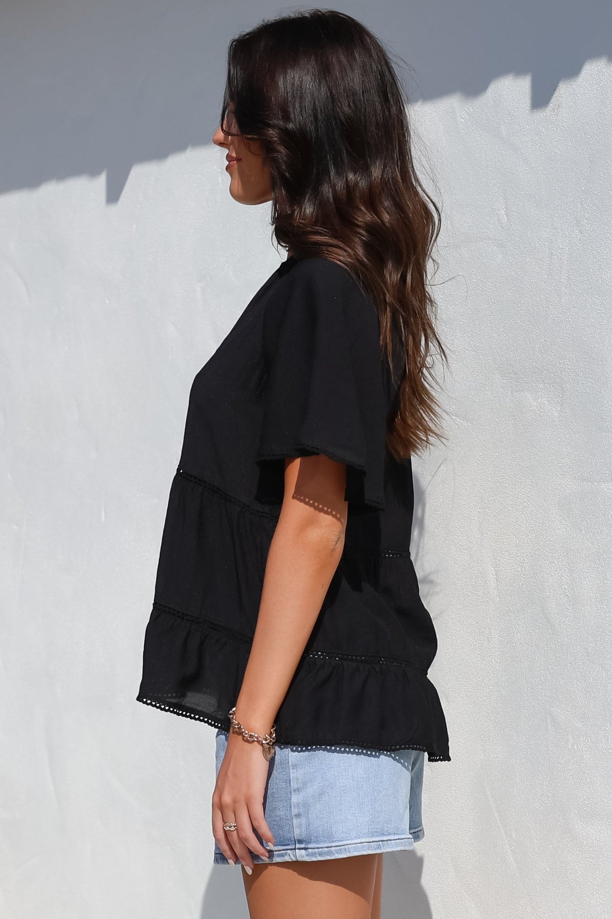 Ellery Top - Mandarin Collar Smock Top with Ladder Lace Insert Splicing in Black