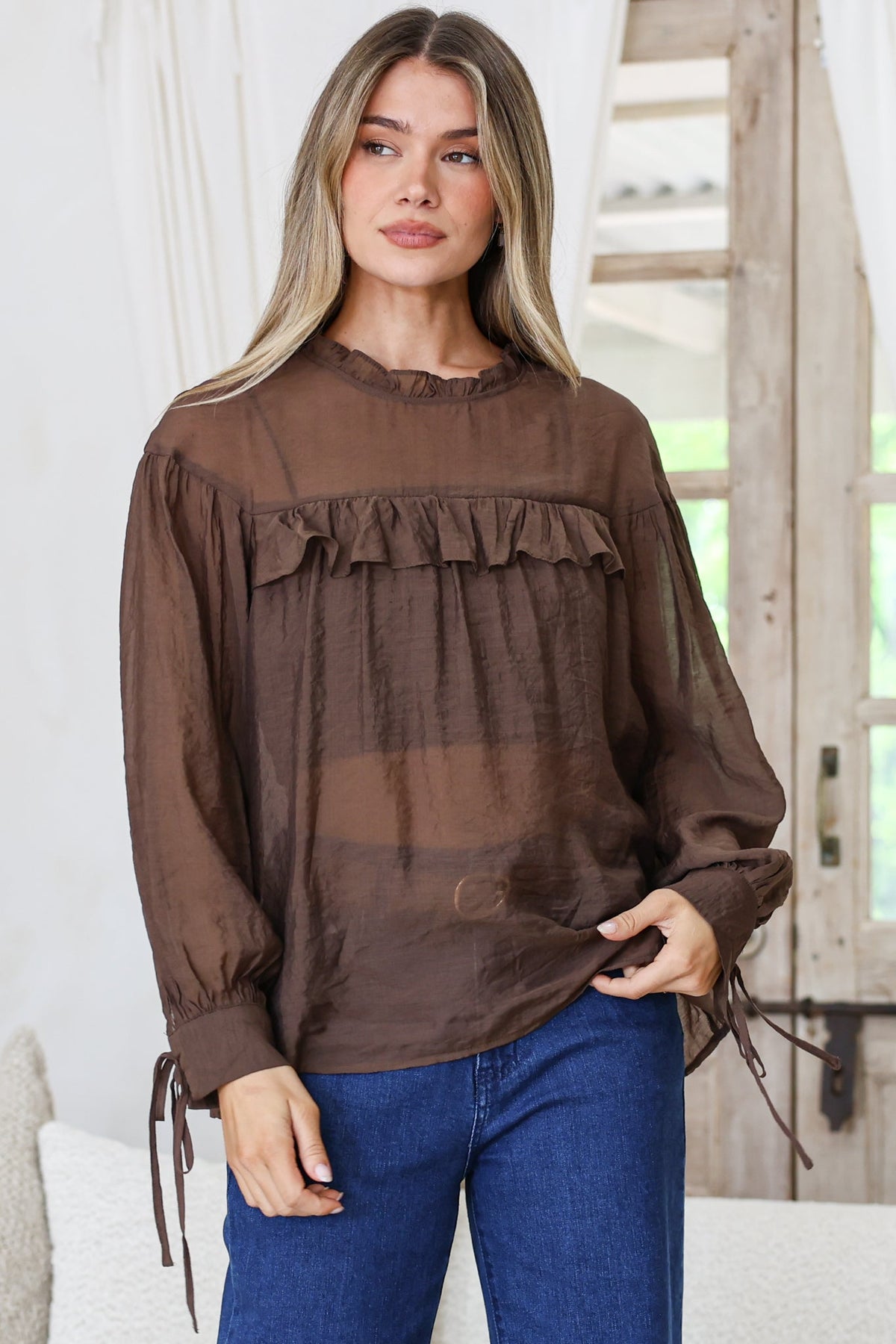 Evelyne Blouse - Frill Detailed Sheer Blouse with Balloon Sleeves with Tie Detail in Chocolate