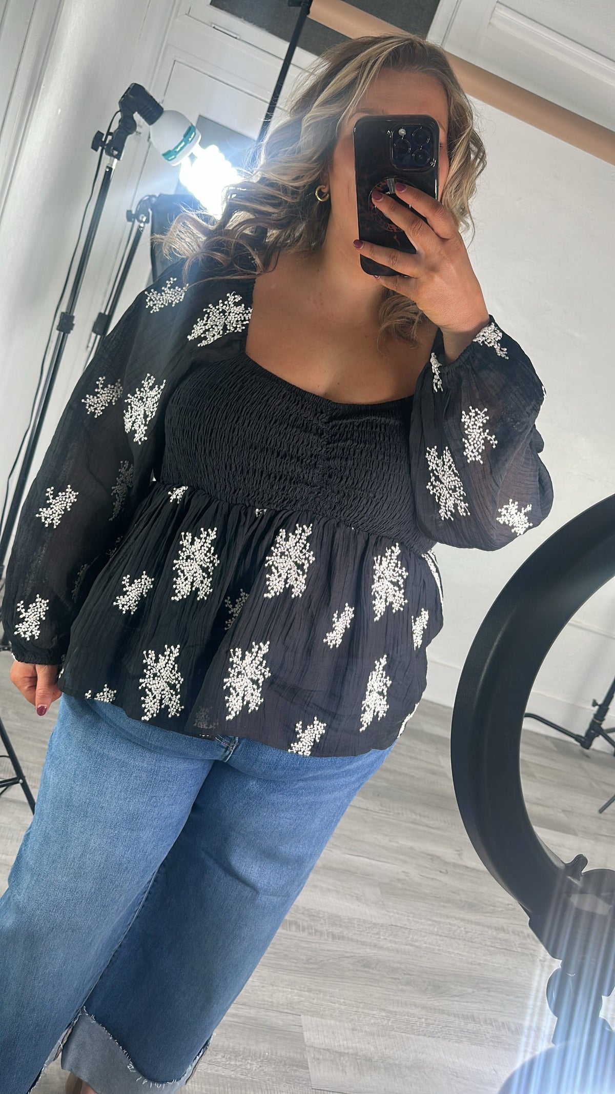 All About Details Embroidered Smocked Blouse, Black