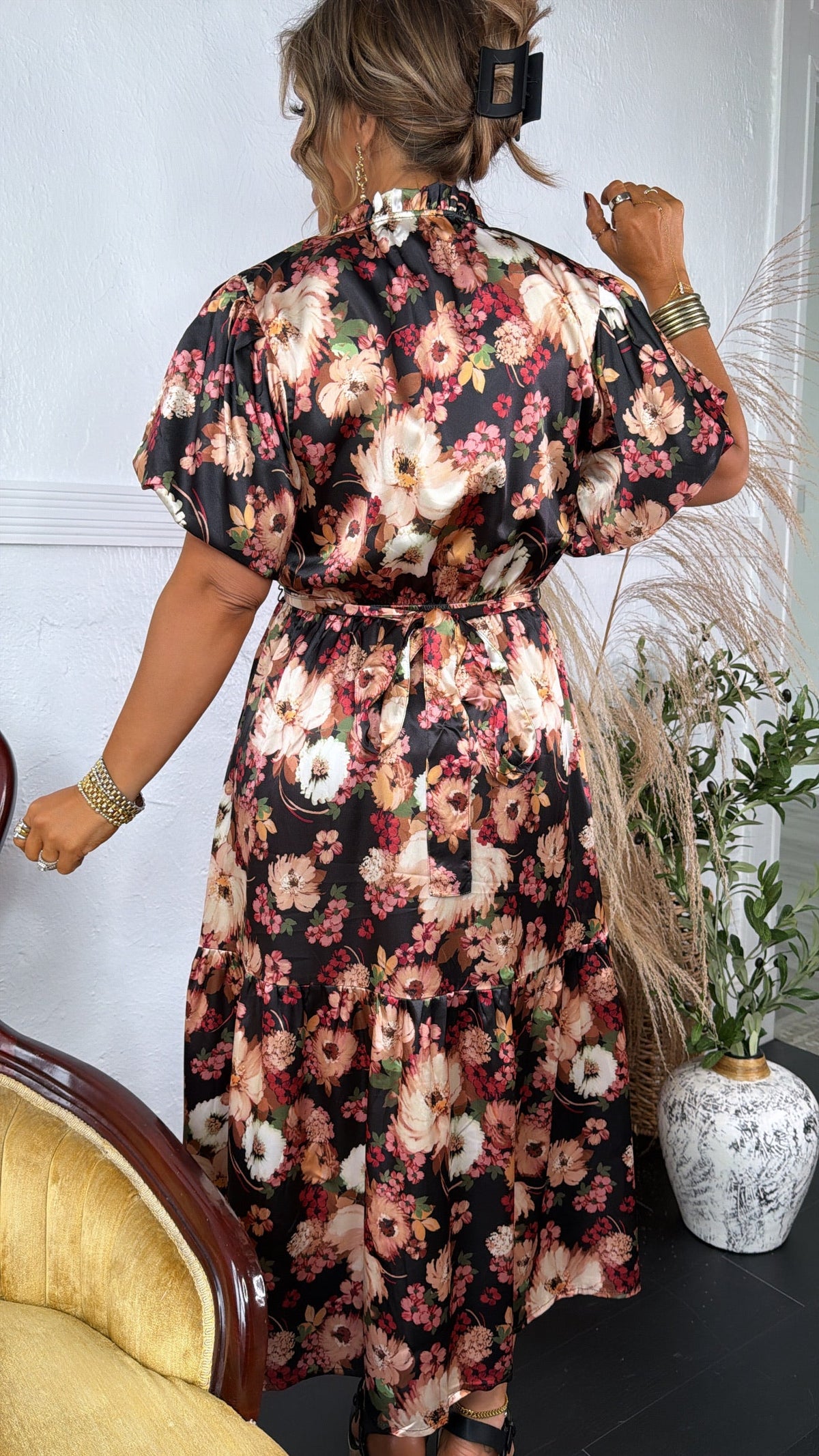 Dusky Petal Midi Dress, Black Multi