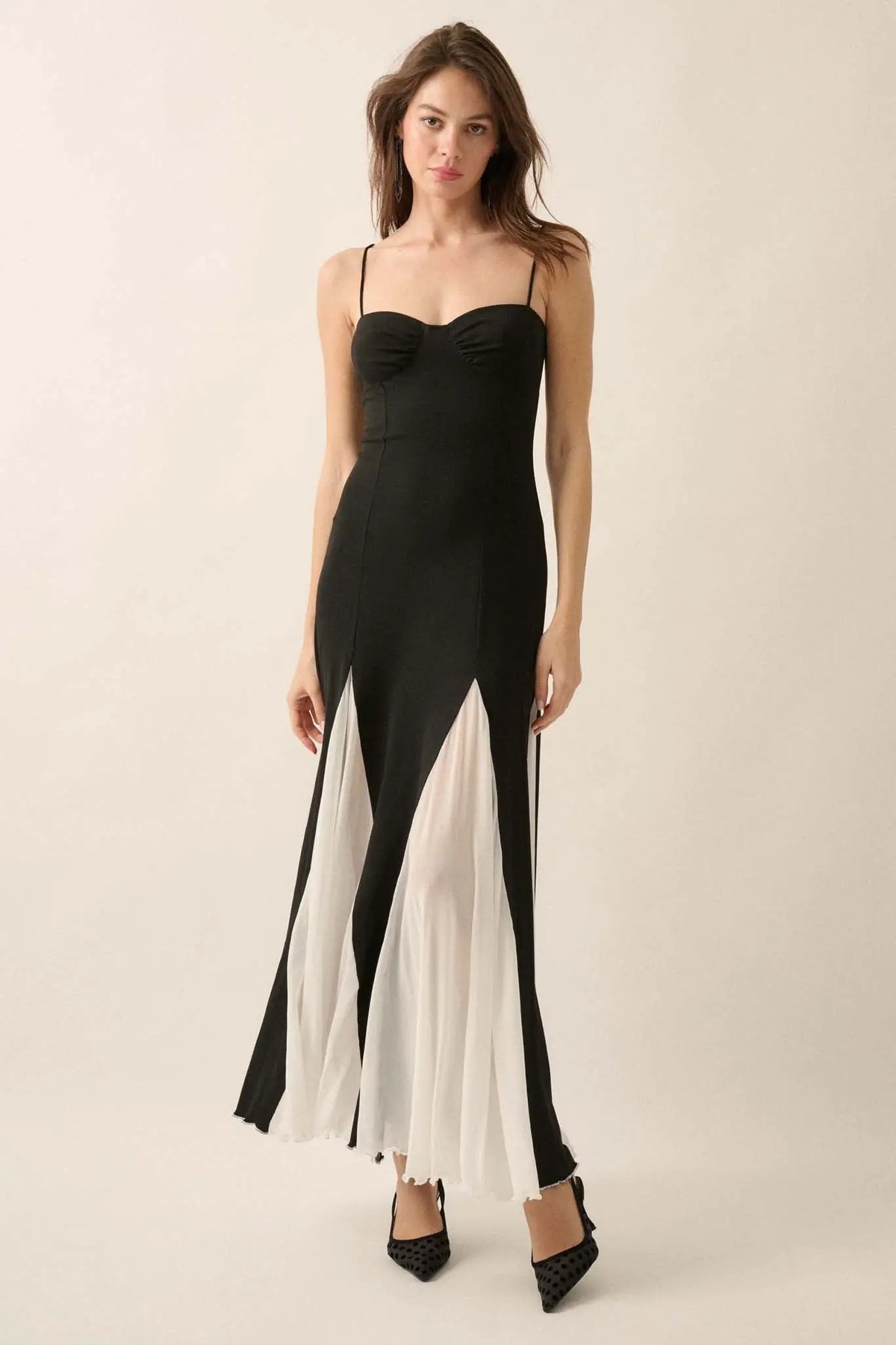 Modern Muse Rib-Knit and Mesh Godet Maxi Dress