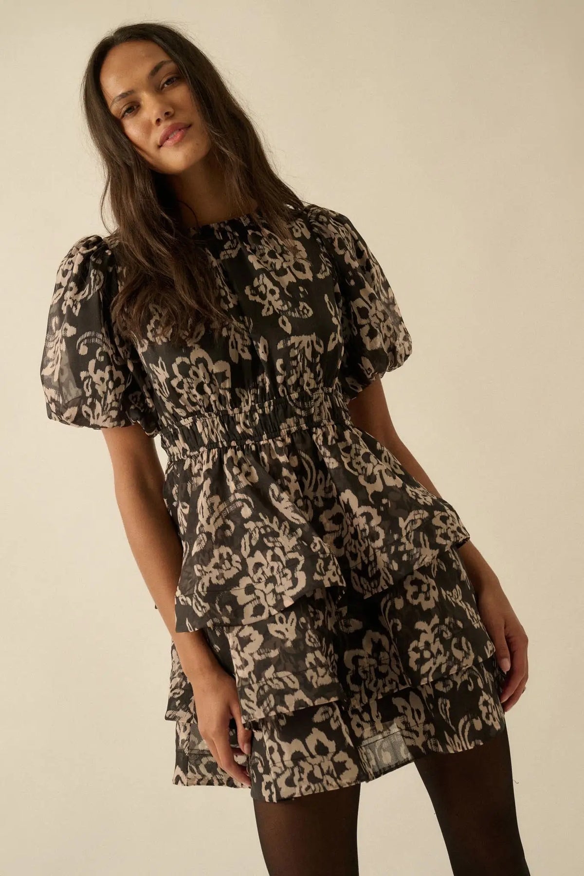 Graceful Blooms Floral Organza Tiered Mini Dress