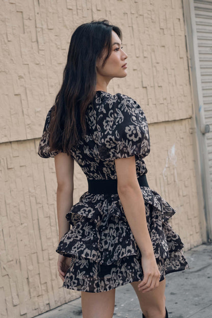 Graceful Blooms Floral Organza Tiered Mini Dress