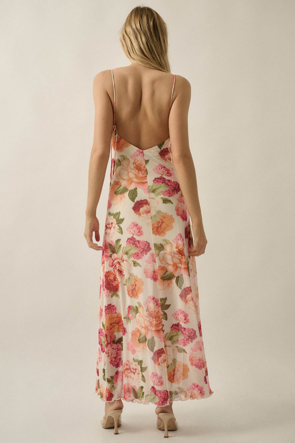 Heirloom Garden Floral Mesh Cowl-Neck Maxi Dress
