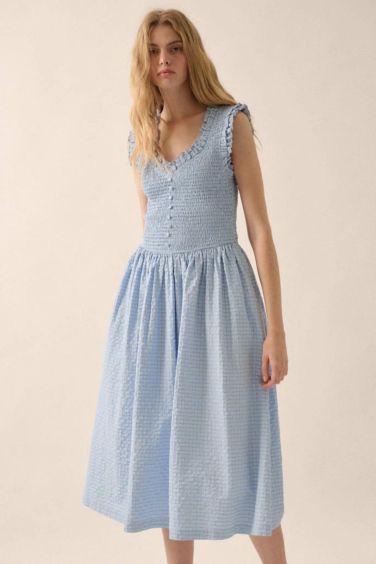 Pretty Please Smocked Paid Buttoned Midi Dress