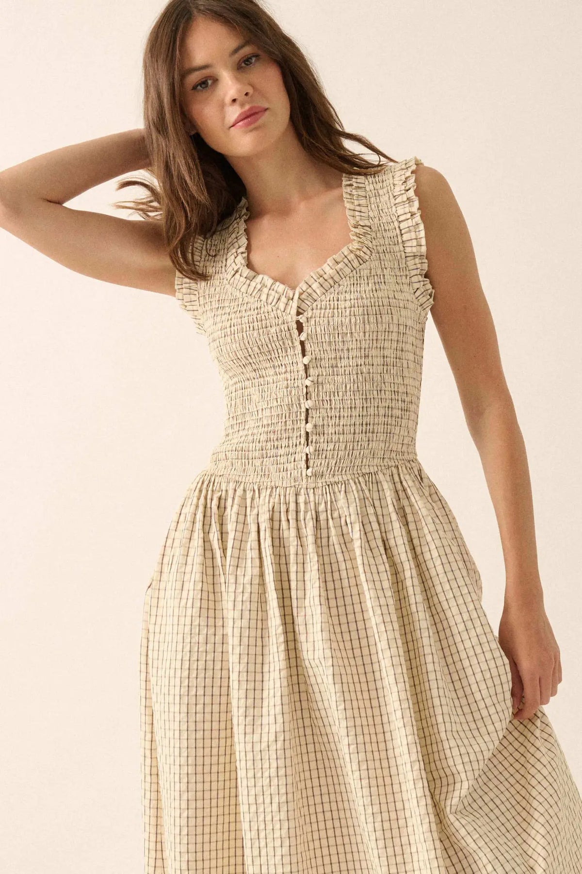 Pretty Please Smocked Paid Buttoned Midi Dress