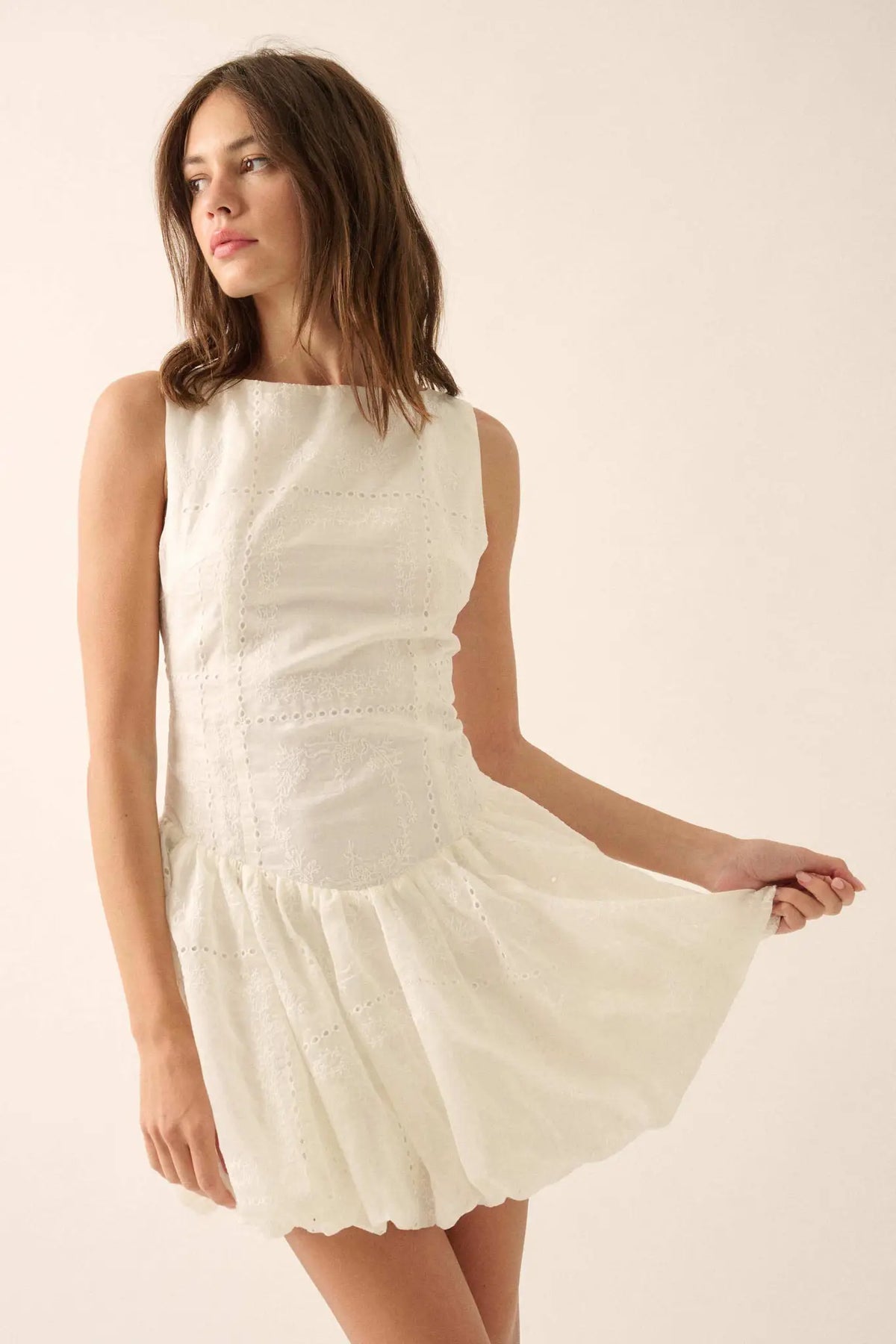 Pure Love Eyelet Lace Boatneck Bubble Mini Dress