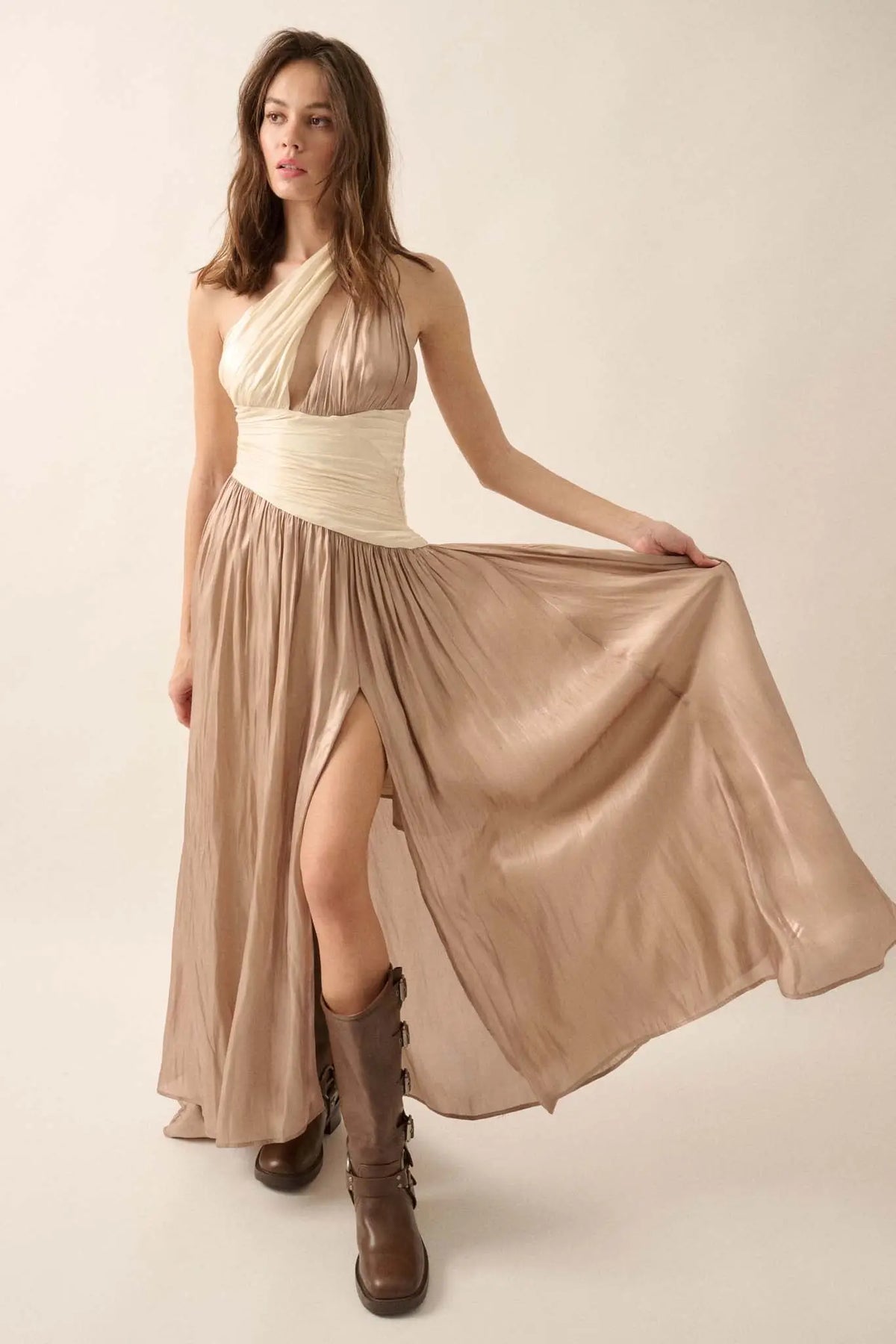 Magic Moment Shimmer Satin One-Shoulder Maxi Dress