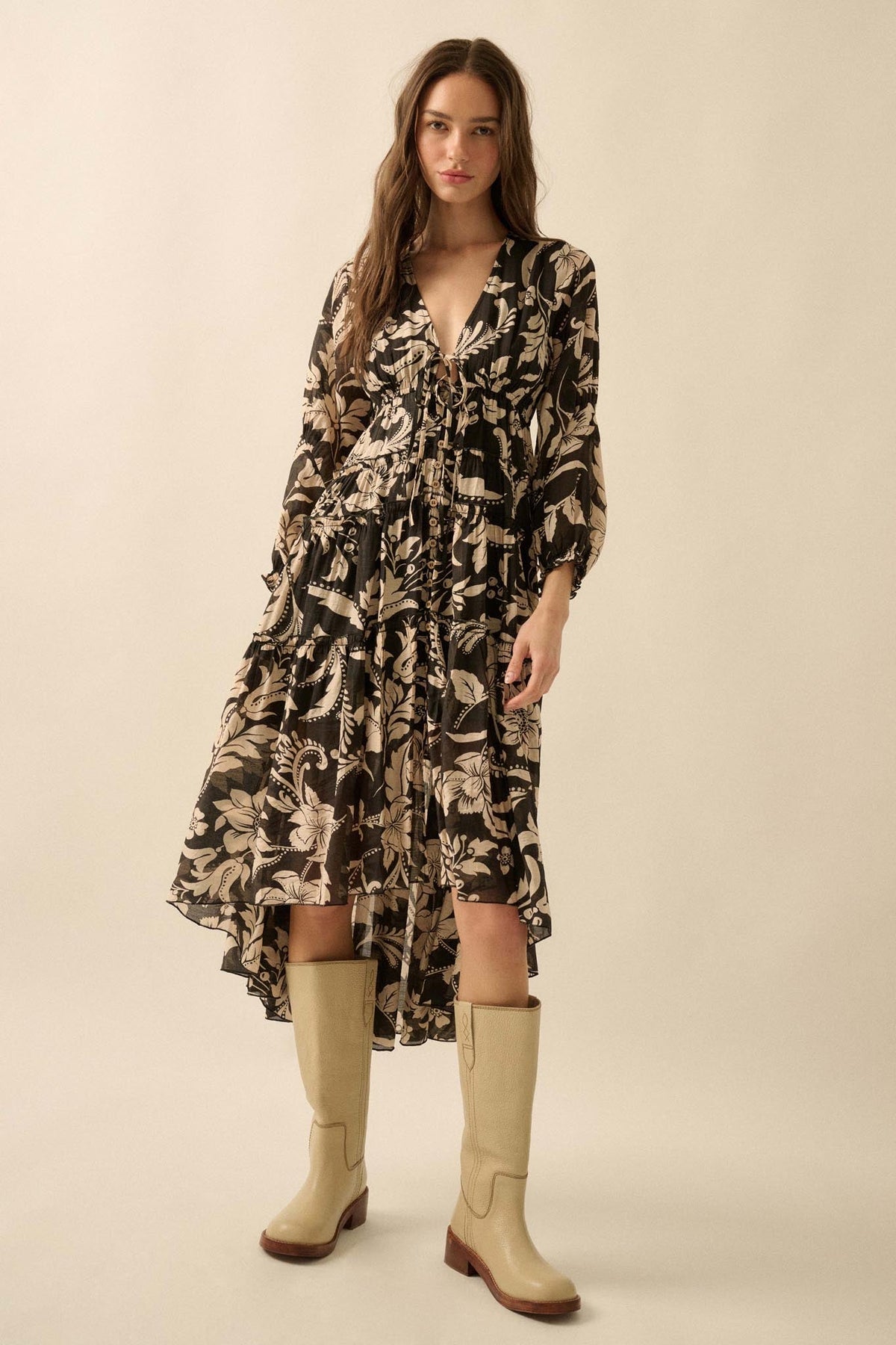 Bohemian Beauty Floral Chiffon Tiered Midi Dress