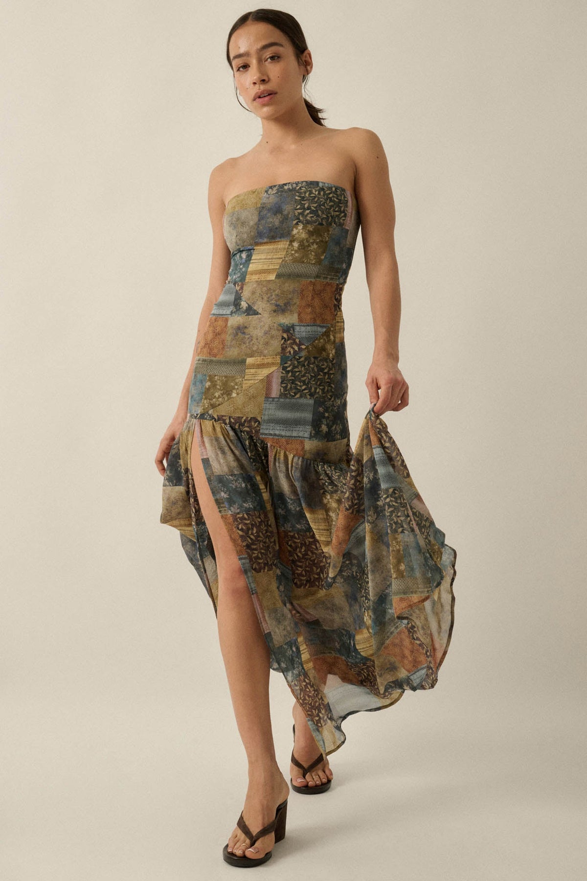Mixed Signals Patchwork-Print Strapless Maxi Dress