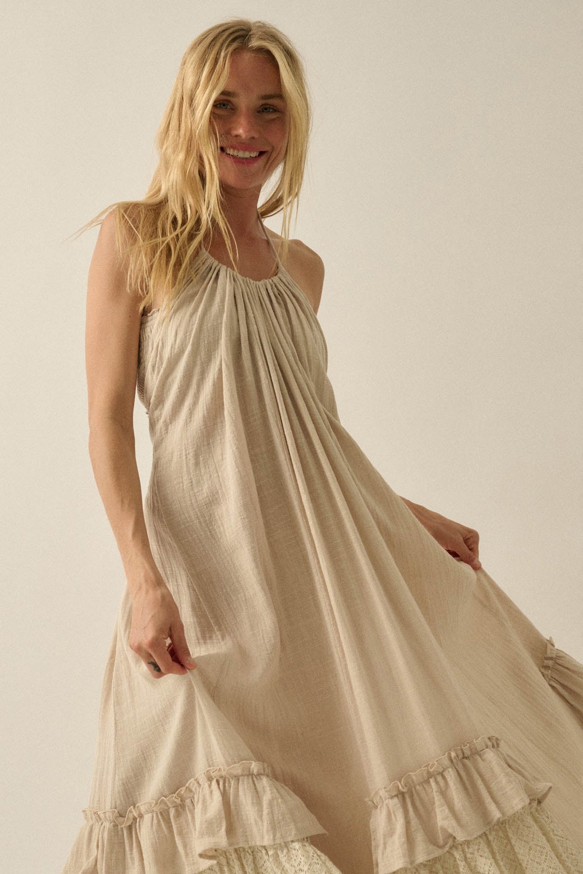 Roaming Free Cotton Gauze and Lace Maxi Dress