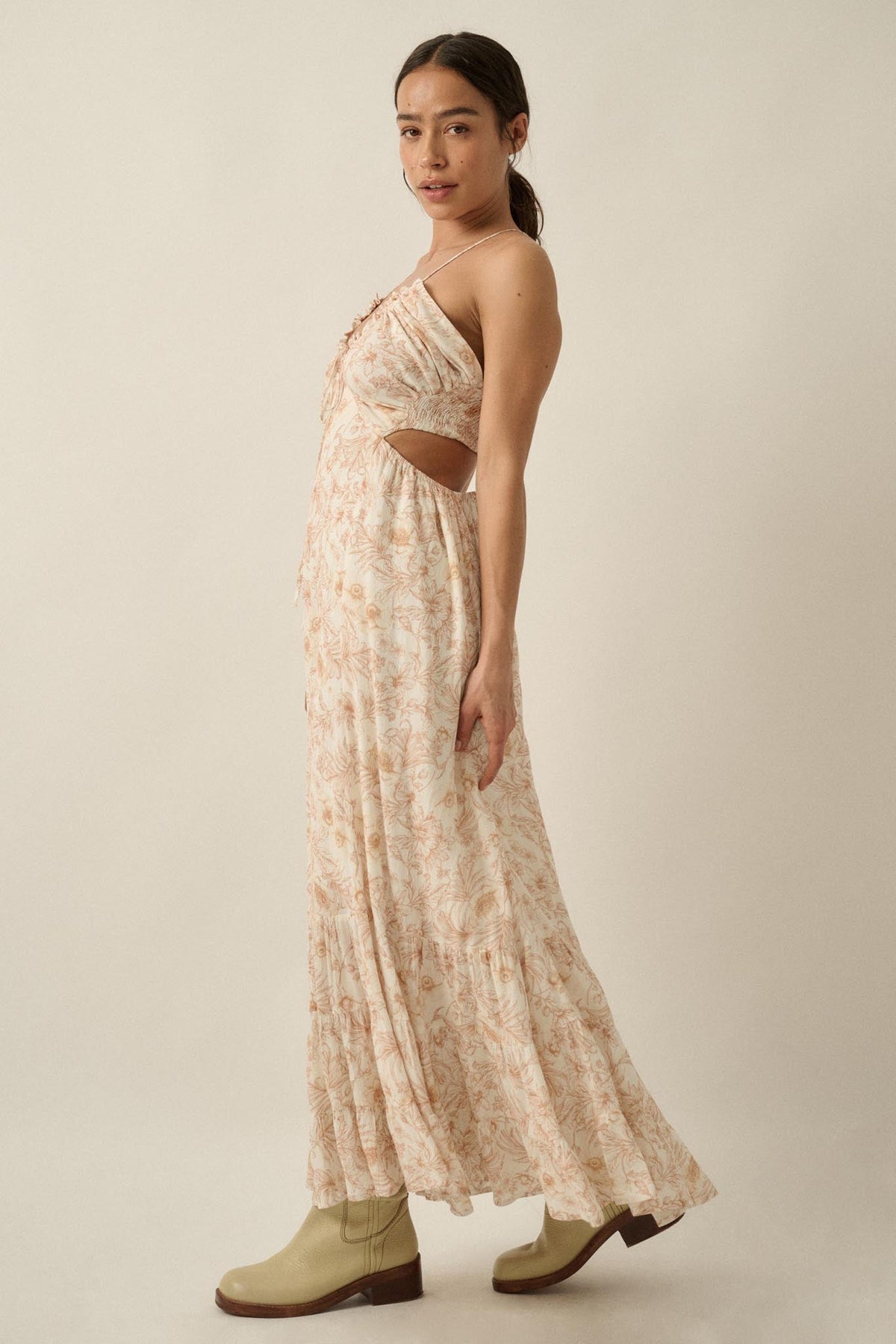 Cherished Blossoms Floral Crepe Halter Maxi Dress