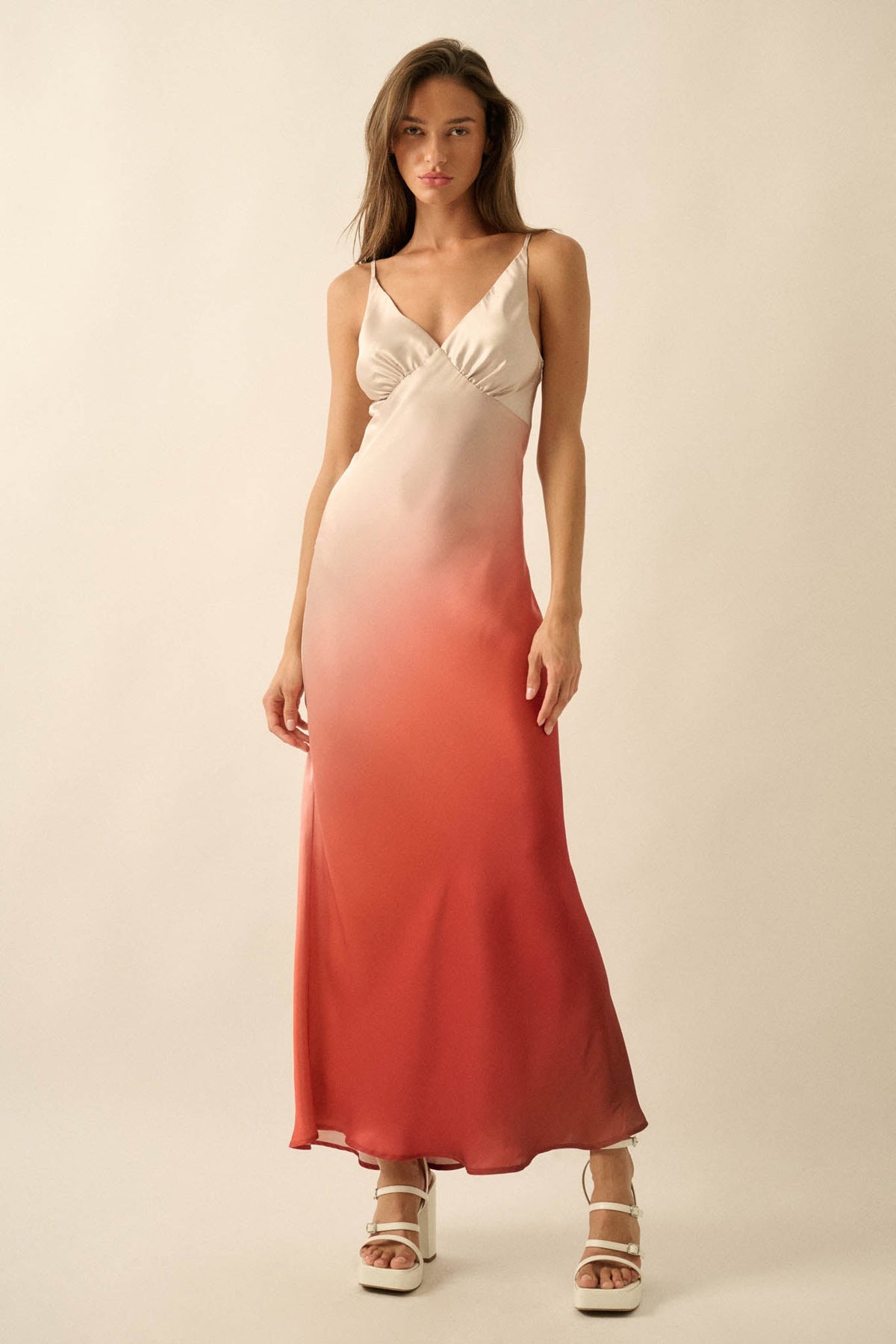 Afterglow Ombre Satin Bias-Cut Maxi Slip Dress