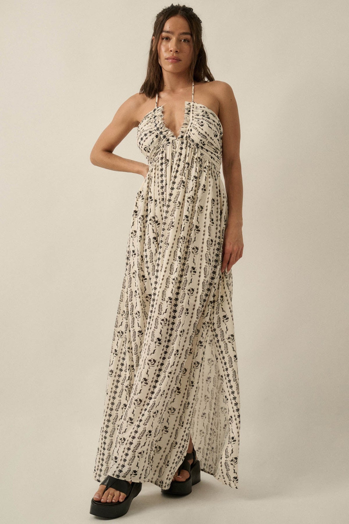 Growing My Way Floral-Stripe Crepe Halter Maxi Dress