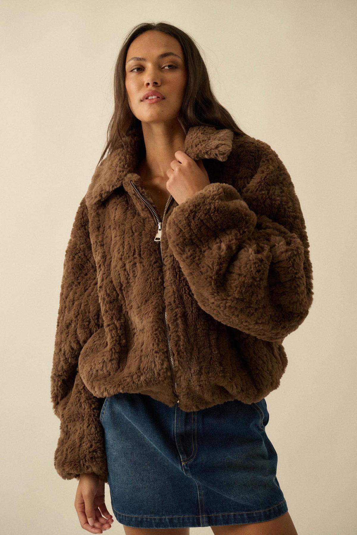 Fur Sure Faux Fur Collared Zip-Up Teddy Jacket