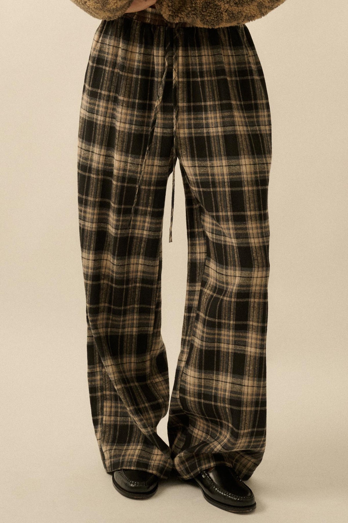 Plaid Influence Wide-Leg Drawstring Flannel Pants