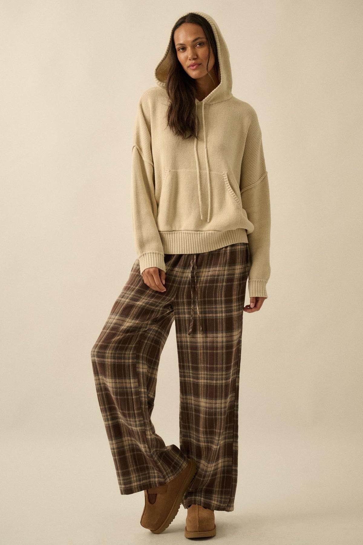 Plaid Influence Wide-Leg Drawstring Flannel Pants