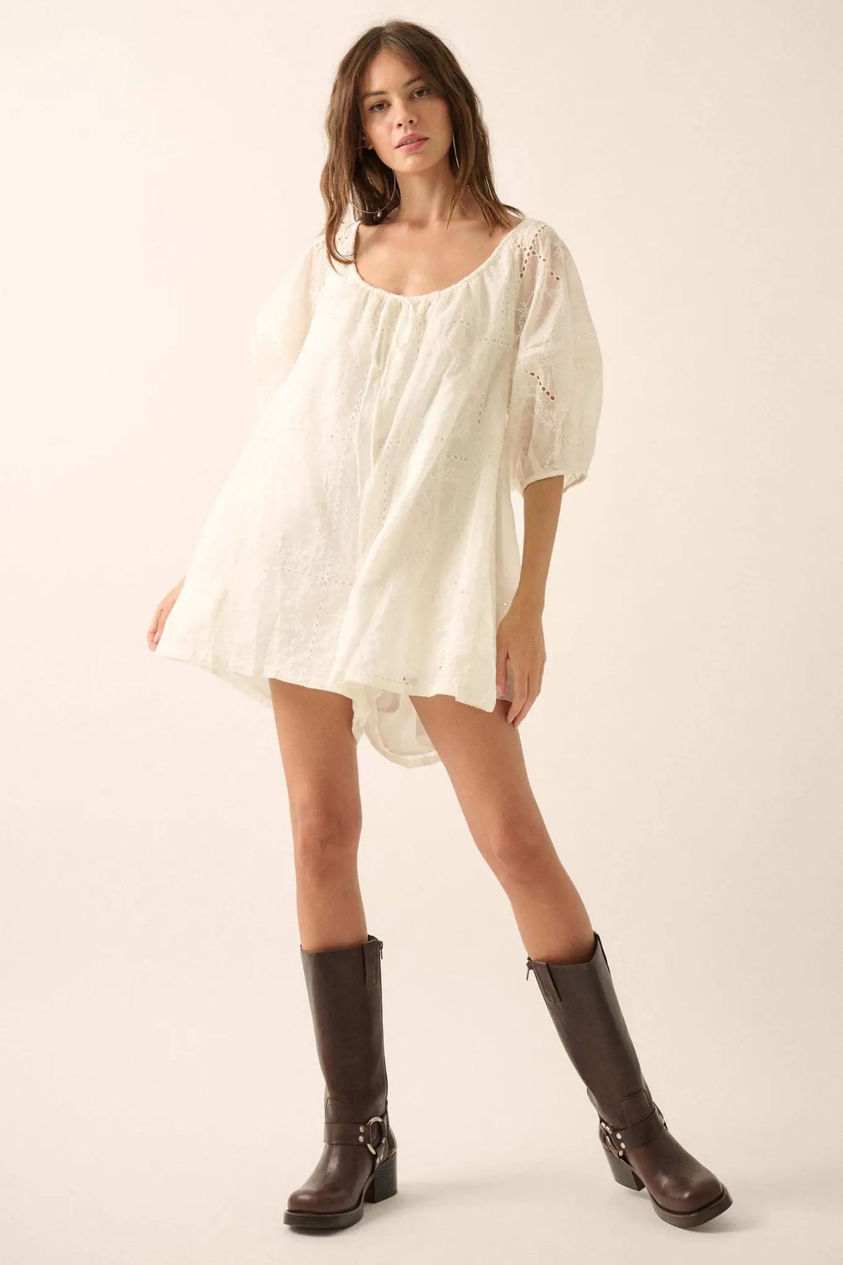 So Pure Eyelet Lace Puff-Sleeve Babydoll Romper