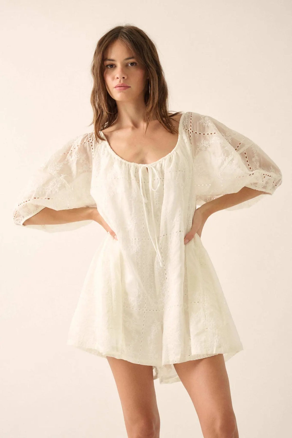 So Pure Eyelet Lace Puff-Sleeve Babydoll Romper