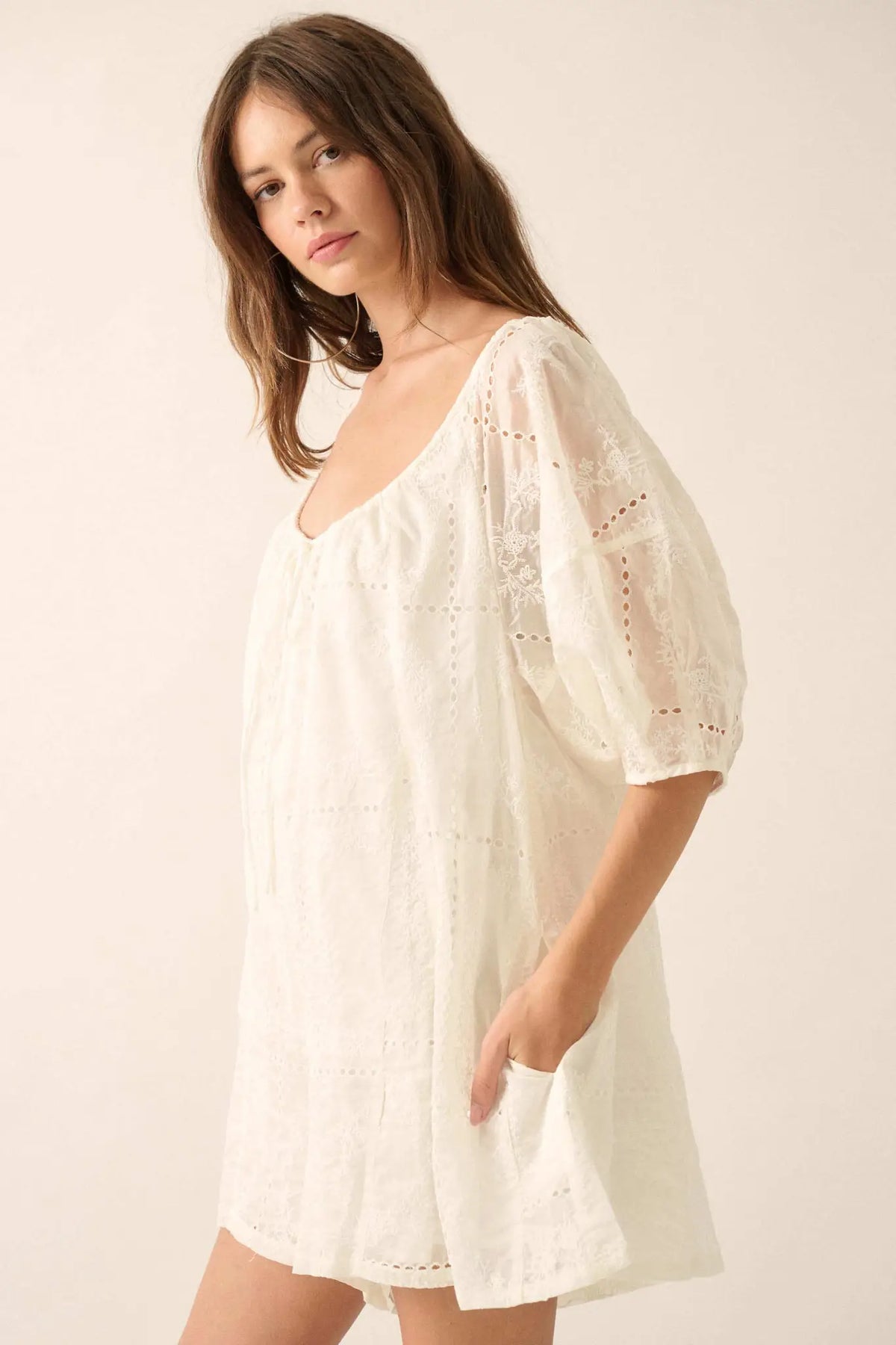 So Pure Eyelet Lace Puff-Sleeve Babydoll Romper