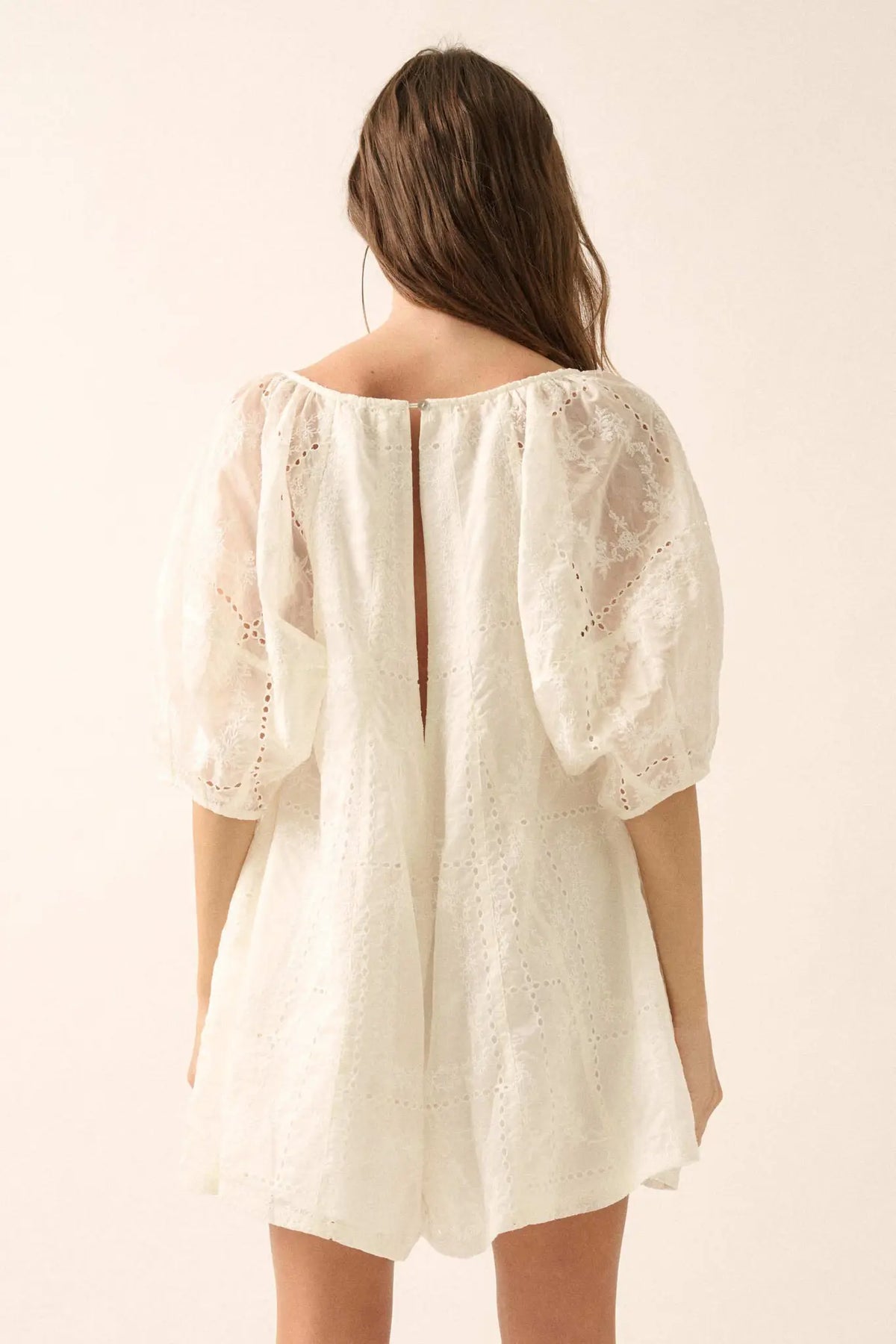 So Pure Eyelet Lace Puff-Sleeve Babydoll Romper