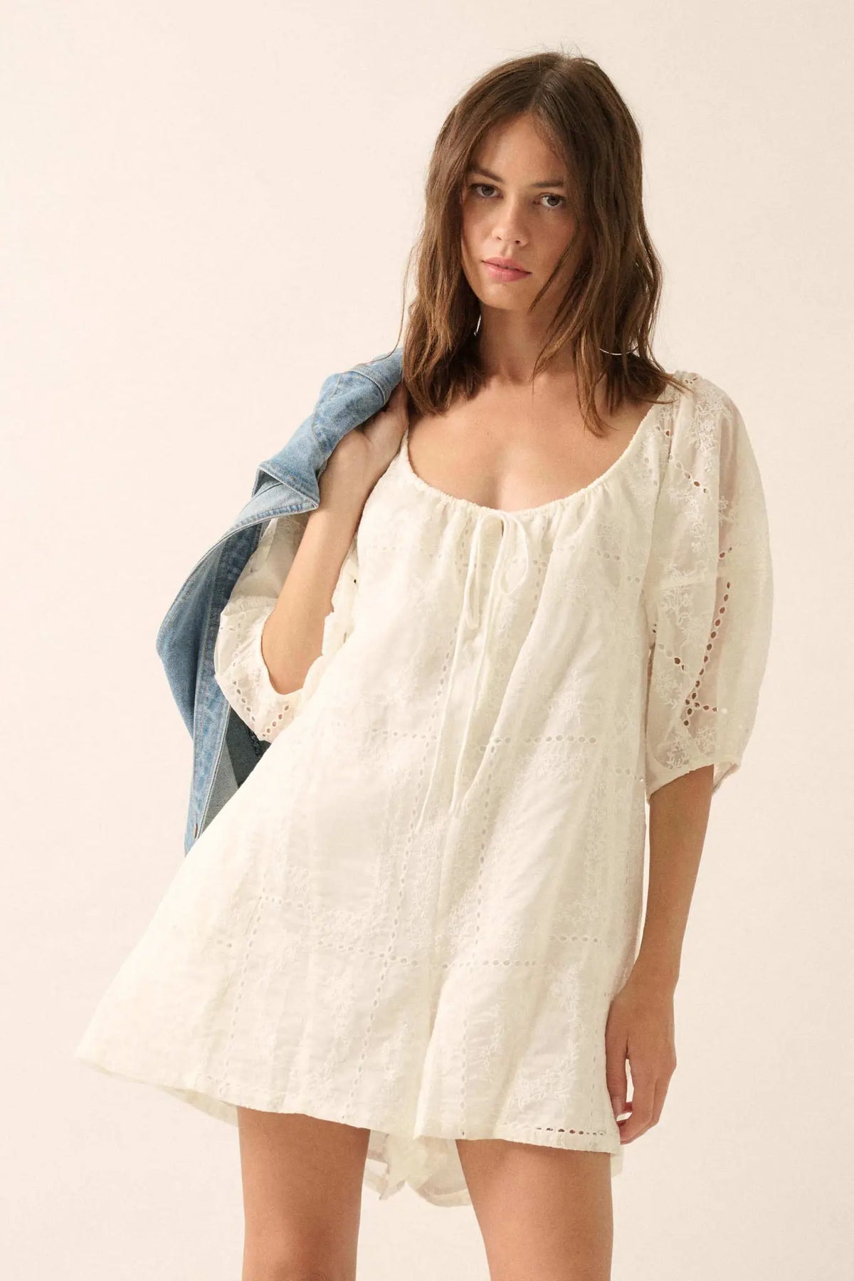 So Pure Eyelet Lace Puff-Sleeve Babydoll Romper