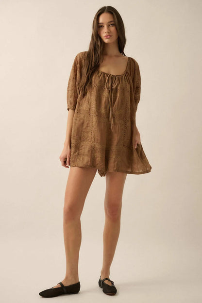 So Pure Eyelet Lace Puff-Sleeve Babydoll Romper