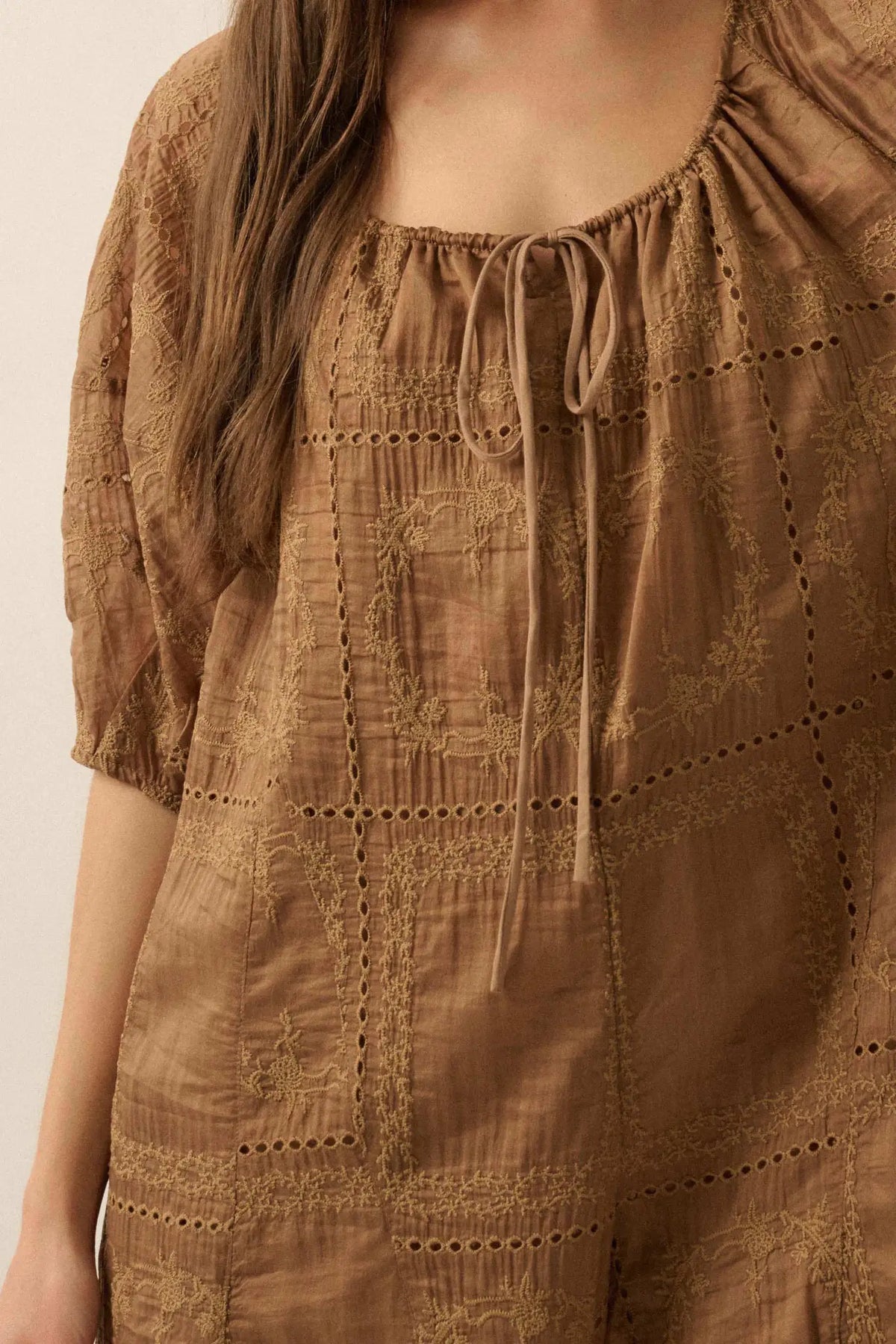 So Pure Eyelet Lace Puff-Sleeve Babydoll Romper