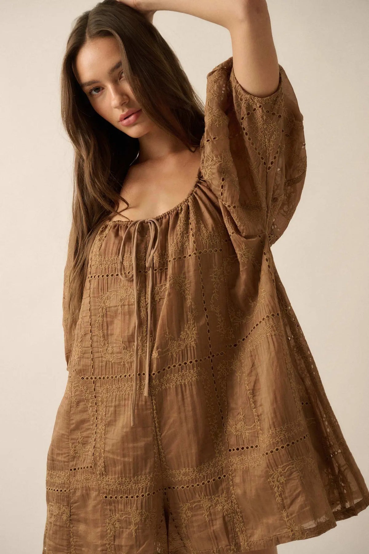 So Pure Eyelet Lace Puff-Sleeve Babydoll Romper