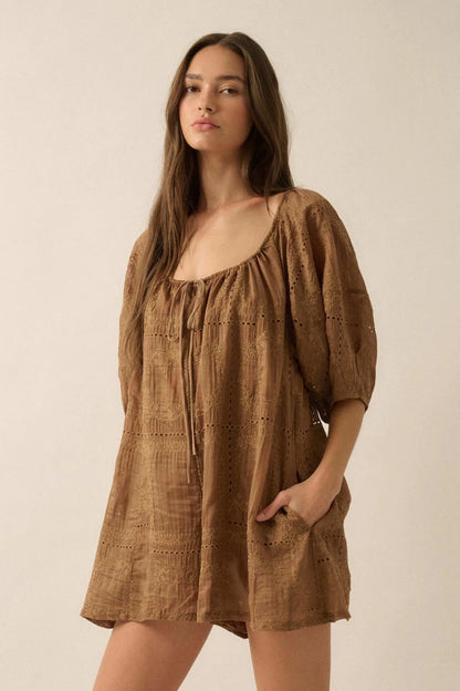 So Pure Eyelet Lace Puff-Sleeve Babydoll Romper