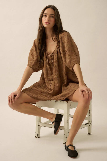 So Pure Eyelet Lace Puff-Sleeve Babydoll Romper