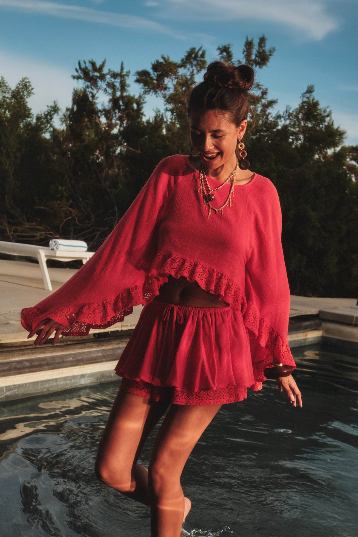 Free Yourself Cotton Gauze and Lace Ruffle Skort