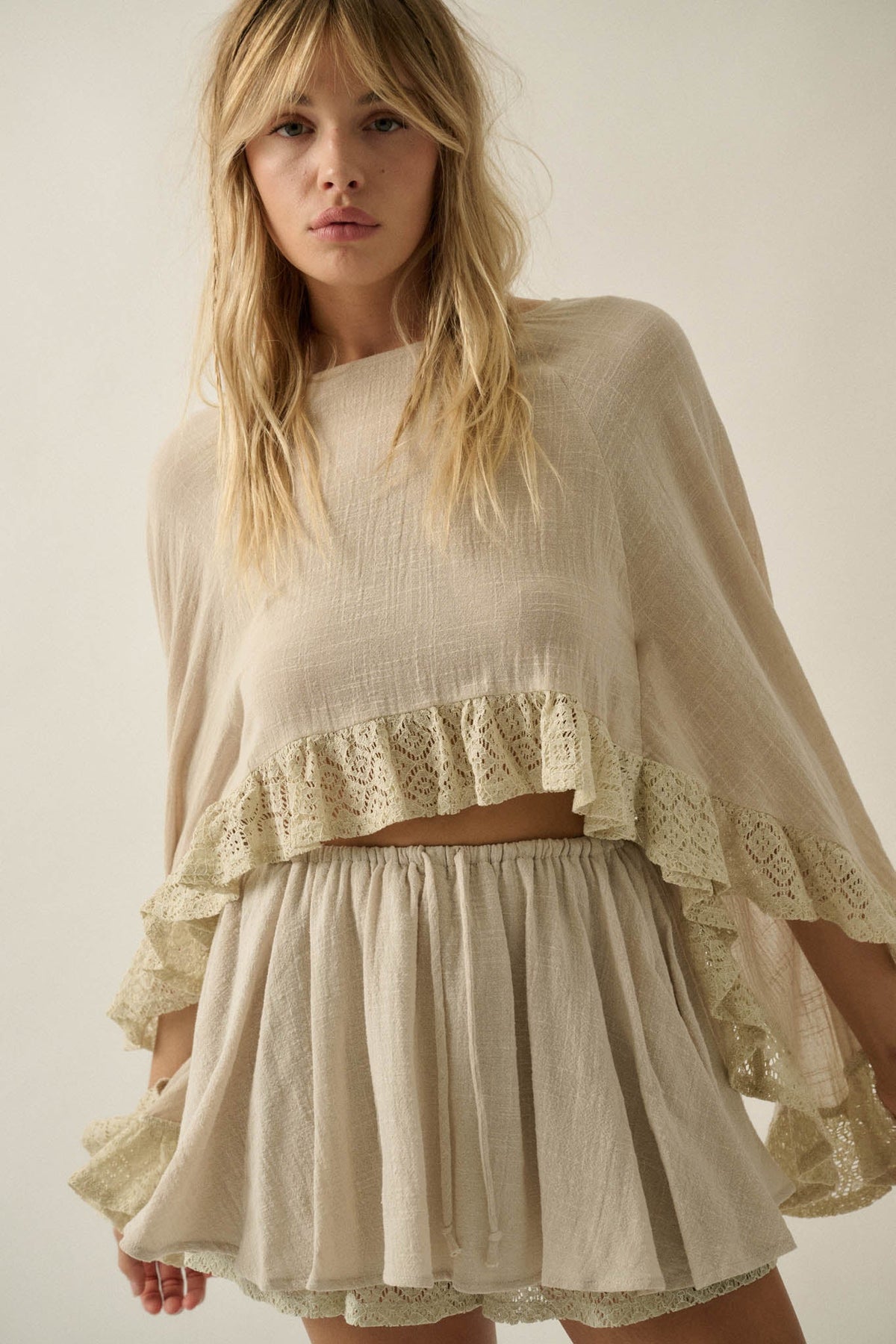 Free Yourself Cotton Gauze and Lace Ruffle Skort